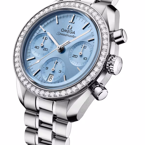 Omega Speedmaster 38mm Ladies Ice Blue dial Diamond Set Bezel Watch For Sale