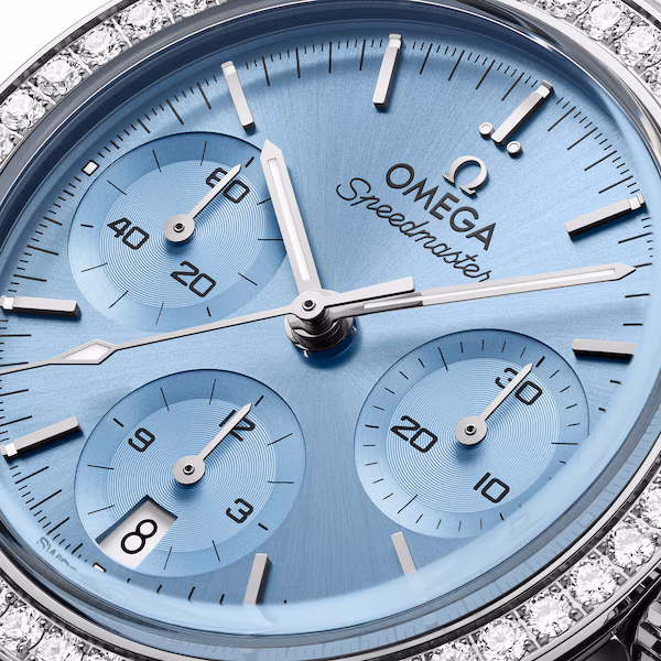 Omega Speedmaster 38mm Ladies Ice Blue dial Diamond Set Bezel Watch For Sale